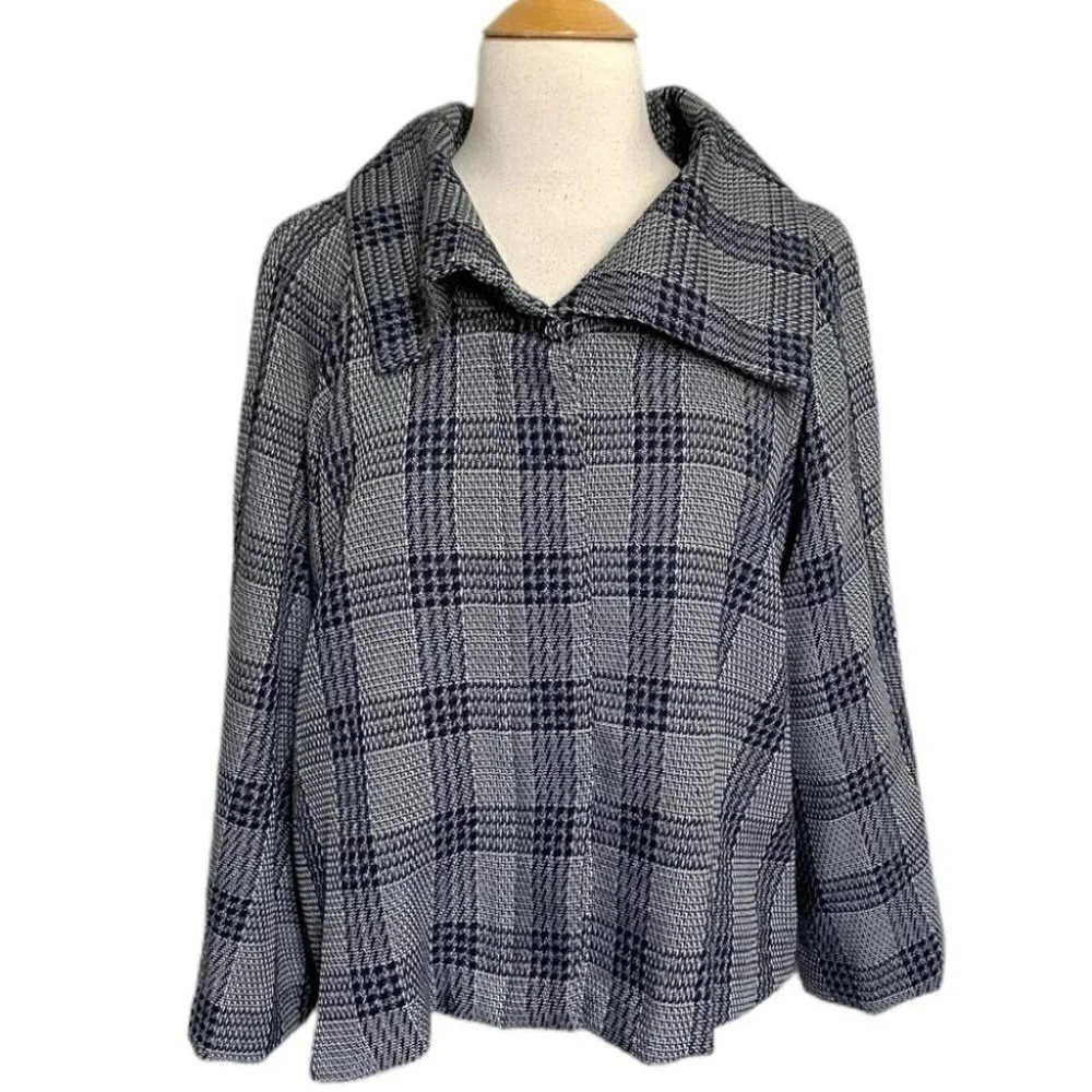 Ashley Stewart Plaid Collar Jacket Women's Size 16 Gray Navy Blazer Outerwear